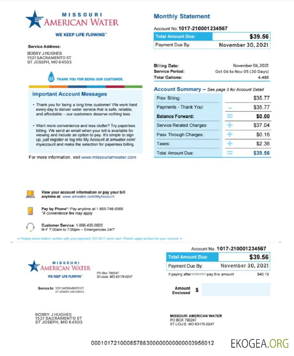 USA MISSOURI AMERICAN WATER utility bill Word and PDF template